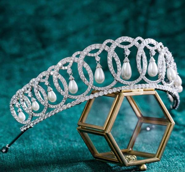 

люкс для волос ювелирные изделия циркон жемчуг диадемы коронки цирконий диадема принцессы королева оголовье невесты вечернее платье свадебны, Golden;silver