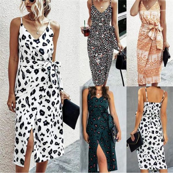 

summer casual dresses famale fashion waistband clothes women v neck slim dress adjustable shoulder strap print, Black;gray