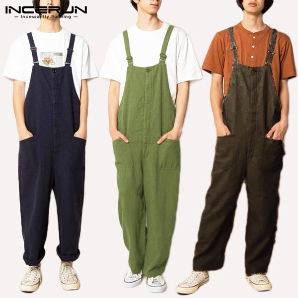 

men's pants incerun 2021 men jumpsuit solid color cotton streetwear suspenders bib overalls pockets joggers vintage mens rompers s-5xl, Black