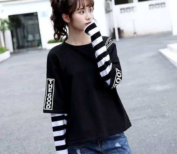 

japan hip hop t-shirts men women funny casual long sleeve strip harajuku tshirt streetwear women fake two piece t shirt girls cy200513, White;black