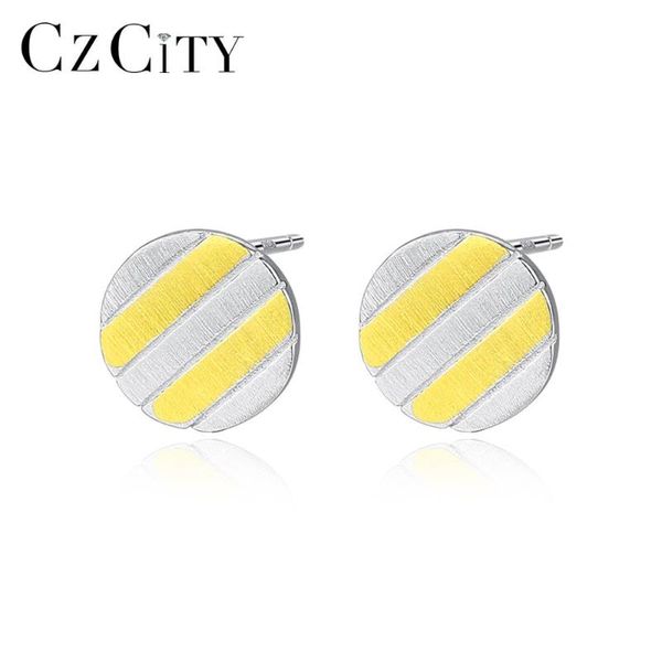 

stud czcity brush solid 925 sterling silver earrings for women fine jewelry round boucle d'oreille femme gifts se0374, Golden;silver