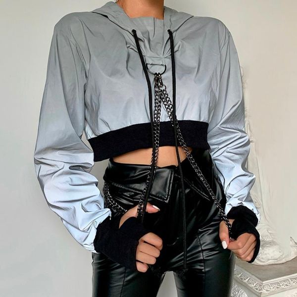 

women's jackets stylish irregular reflective jacket coat women 2021 fashion color block casual long sleeve hip hop outerwear chaquet, Black;brown