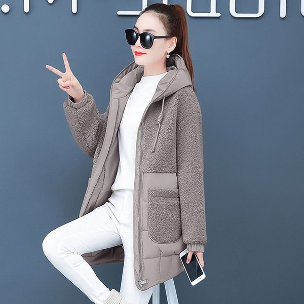 

plus size mid-length down jacket women 2020 winter fashion loose cotton lambswool coat ladies warm parka hooded jacket 4xl z508, Black