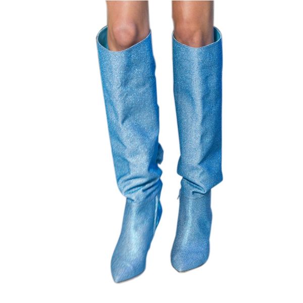 

sequined knee high boots bowtie decor high heel stiletto shoes slip on pointed toe medium heels 4 cm winter runway party shoes, Black