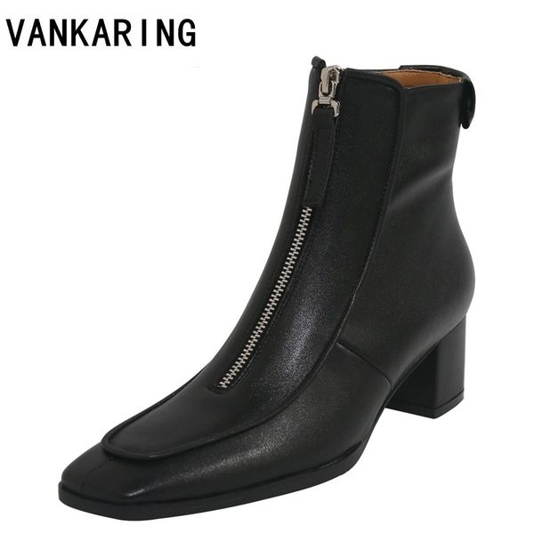 

high heels boots women cow leather ankle boot square toe shoes female party zip chunky heel shoes ladies autumn boots 2020 new, Black