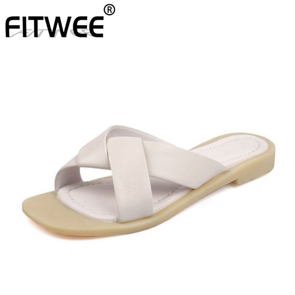 

fitwee size 34-39 women shoes real leather sandals peep toe flat heel slip on shoes casual solid color footwear, Black
