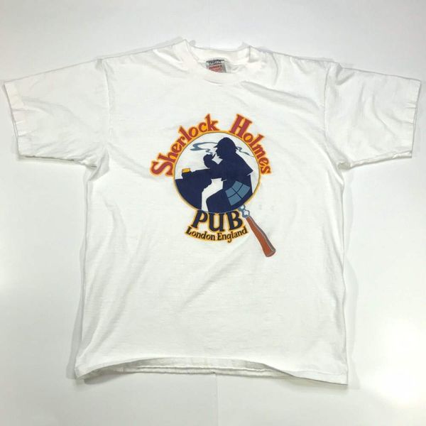

VTG Sherlock Holmes pub London USA made single stitch White 90s Tee T shirt XL