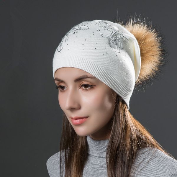 

women hat winter knit beanie wool autumn raccoon fur pompon embroidery double layer headwear outdoor ski snow accessory female, Blue;gray