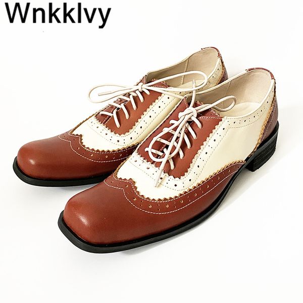 

women retro casual shoes british style leather mixed colors lace up loafers 2020 spring autumn square toe brogue shoes for lady, Black