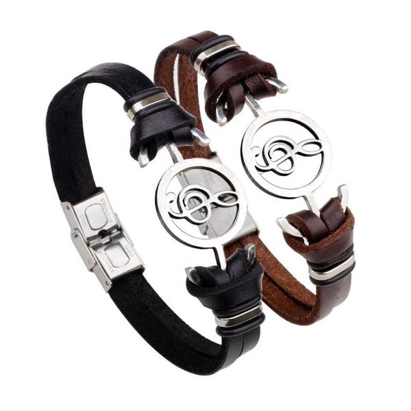 

retro men's bracelet music notes stainless steel leather bracelet trendy men woven bangle armband pulsera hombre, Black