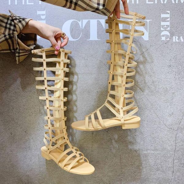 

gladiator sandals woman stretch strap genuine leather patchwork shoes woman zip women shoes calf-high sandals boots, Black