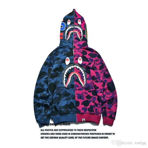 

men shark mouth stitching jacket camouflage cardigan long sleeve hip hop loose hoodie new style wholesale, Black