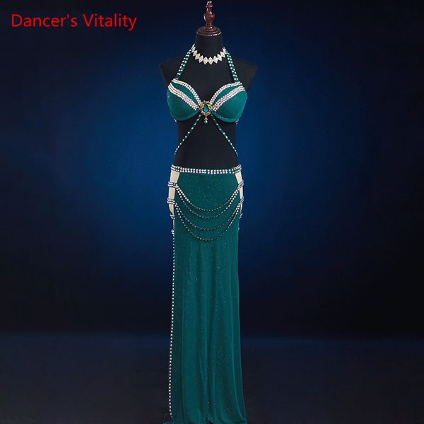 

belly dance high-end custom female child elegant bra set double-sided hollow diamond chain long skirt performance clothing, Black;red