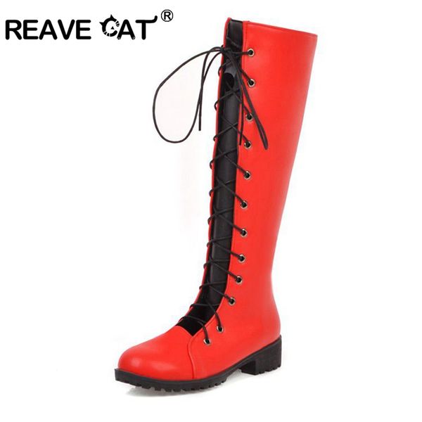 

boots reave cat fashion knee high for women round toe square heel lace-up patchwork cross-tied platform big size 40-43 black red