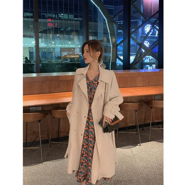 

closed eyes fall windbreaker women's 2020 new temperament mid-length overknee coat korean style loose coat, Black;white