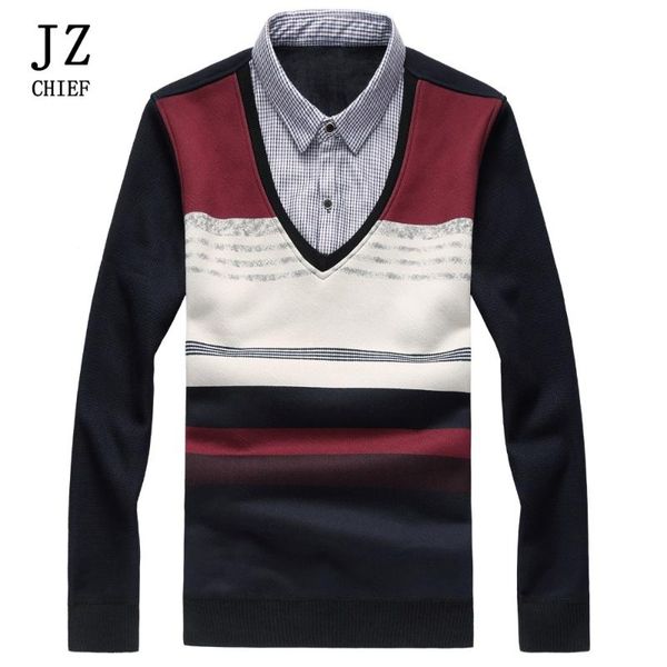 

jz chief men pollover fake twinset sweater contrast color knitted sweater shirt collar patchwork fake two piece thicken, White;black