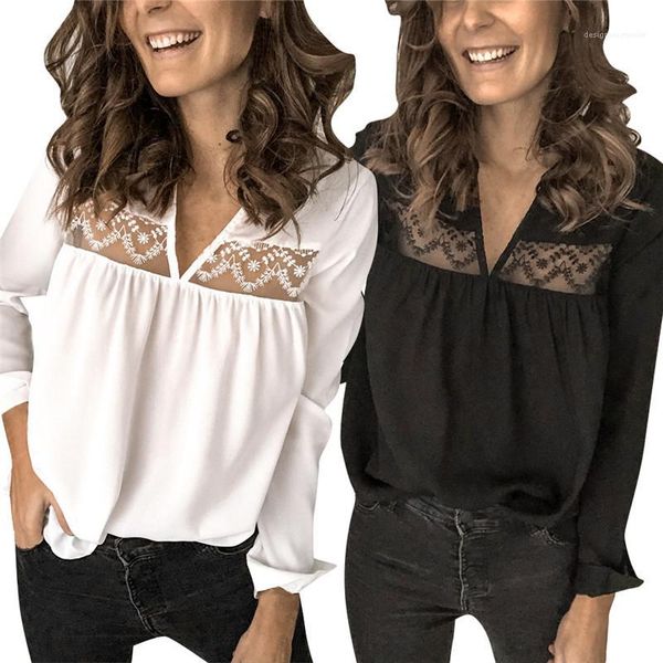 

v neck womens shirt summer ladies fashion clothing casual womens designer long sleeve solid color lace, White