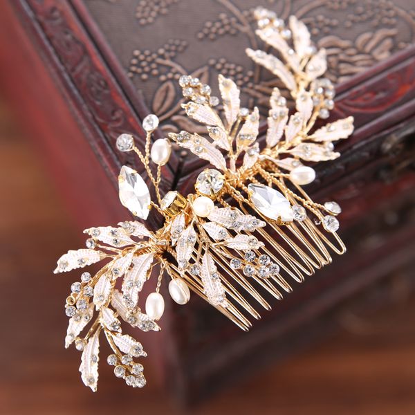 

trendy leaf pearl rhinestone crystal bridal hair comb wedding hair accessories bride headpiece ornaments women jewelry, Golden;silver