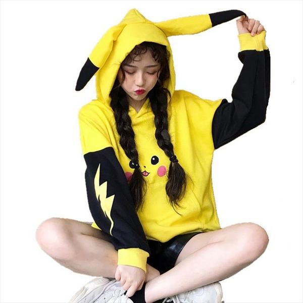 

autumn women cartoon print hoodies anime kawaii girls cute long ears oversized hooded sweatshirts plus velvet warm pullovers, Black