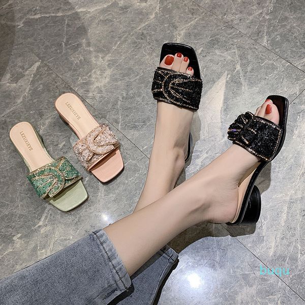 

2020 new rhinestone word slippers women's shoes summer wear fairy style comfortable heel sandals women beach shoes, Black