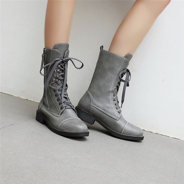 

ymechic 2020 winter lace up combat boots for women black gray red mid calf woman winter shoes biker motorcycle boots 43