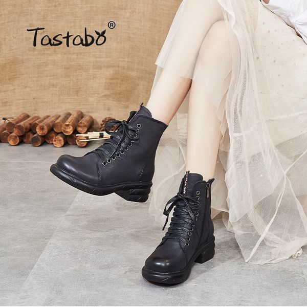 

tastabo genuine leather ladies ankle boots black brown s66207 simple women's boots retro style comfortable rubber sole work boot