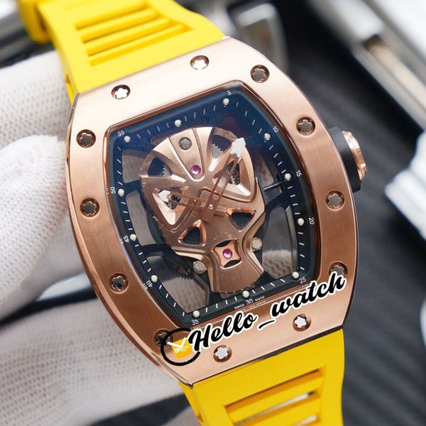 

new rose gold case rm52-06 skeleton skull dial miyota automatic mens watch rm052 yellow inner rubber strap sport watches hello_watch 10color, Slivery;brown