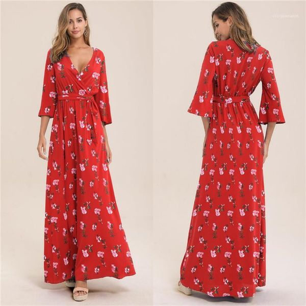 

fashion flora printed v neck empire sashes ankle length designer luxury summer dresses womens casual dresses, Black;gray
