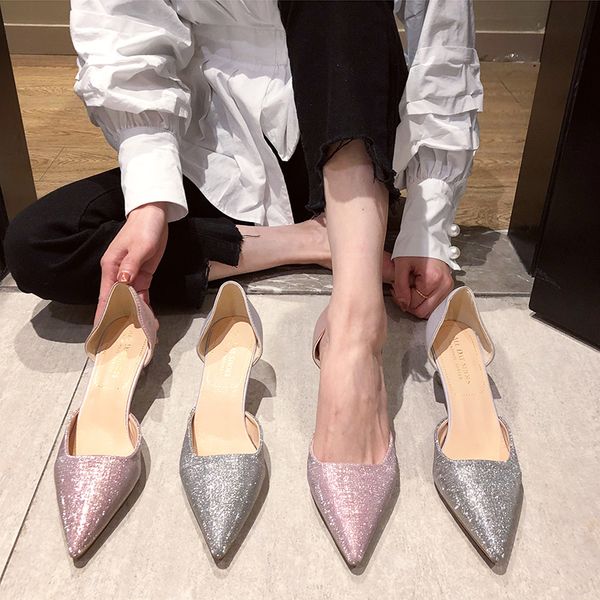 

women pointed toe pumps 2020 new style summer bling bling high heels woman 5cm med heels comfortable party shoes, Black