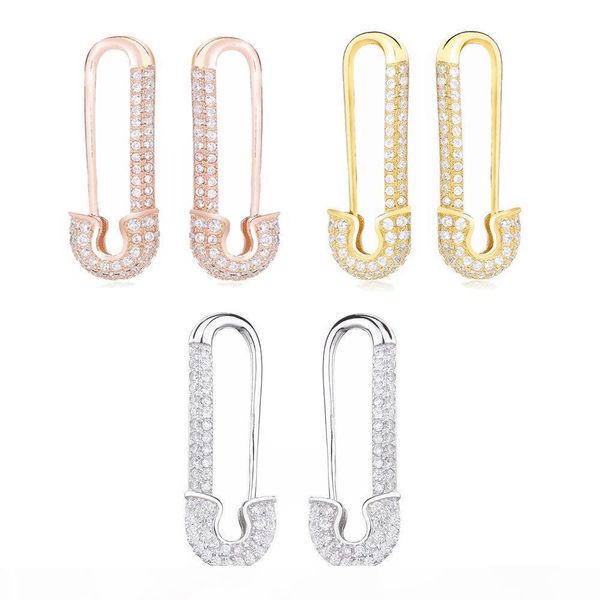 

moonnory f2019 france 100% 925 sterling silver silver safety pin earring three color style one side zircon right left earring j190628, Golden;silver