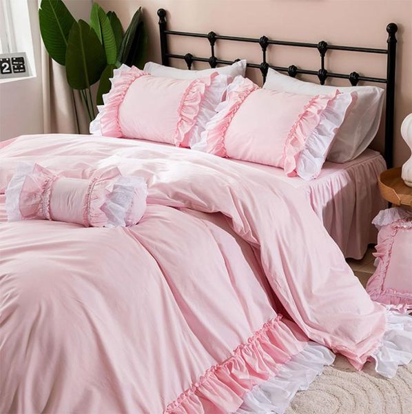 

luxury ruffle dprincess pink bedding set,twin full  king cotton single double home textile bed dress pillowcase quilt cover