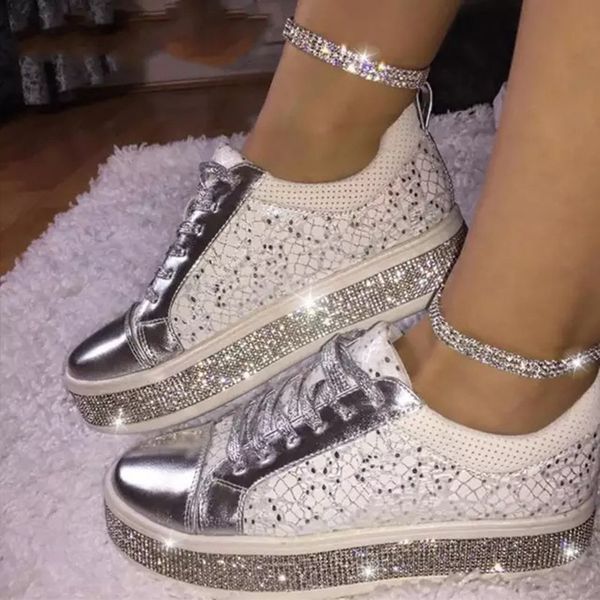 

cross tied casual bling summer female plus size sneakers women's flats shoes glitter lace up pu platform bordered ladies shoes, Black