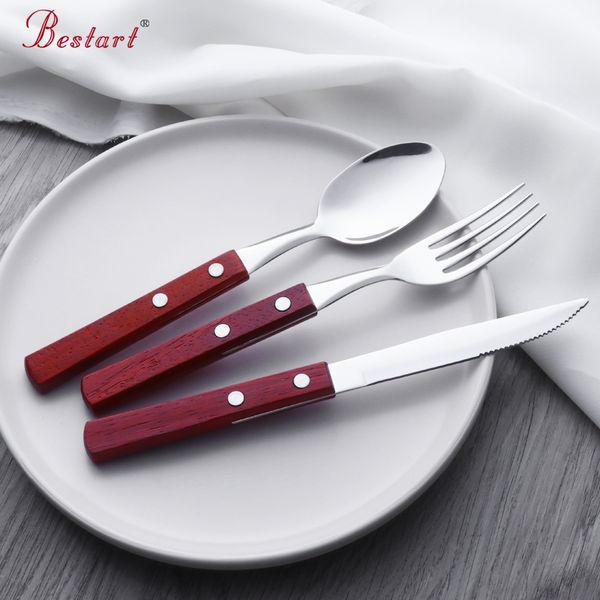 

flatware sets 3 pcs/set wooden dinnerware handle vintage cutlery stainless steel wood knife fork spoon outdoor travel set