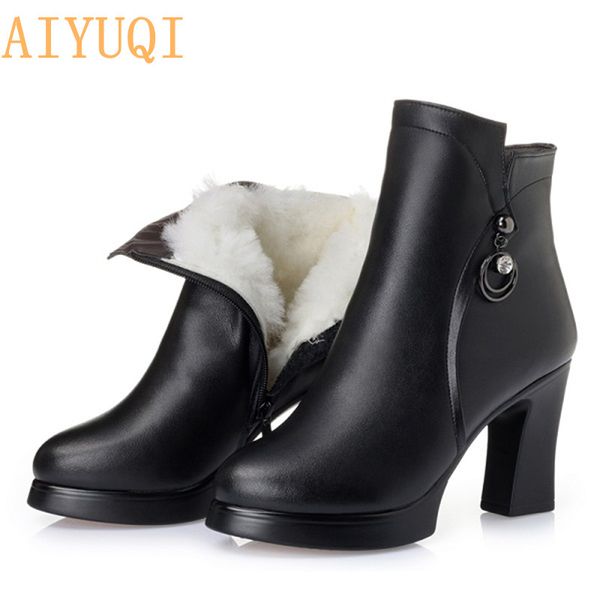 

aiyuqi genuine leather boots women shoes plus size 43 round toe square heel shoes fashion ladies casual ankle boots, Black