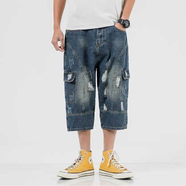 

2020 summer new retro plus size fashion men's denim cropped pants ripped men's jeans size -5xl, Blue