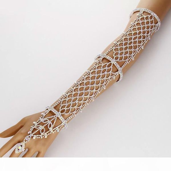 

sale women statement pave crystal rhinestone arm hand chain cuff ring copper bracelet wedding bridal celebrity belly dancer jewelry, Black