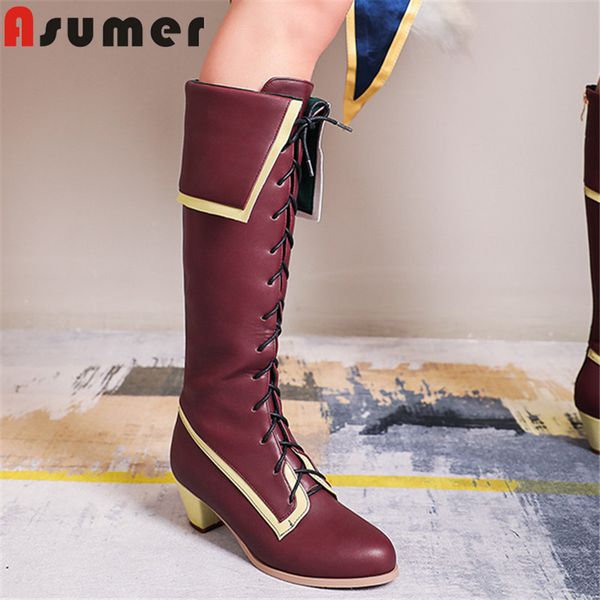 

asumer 2020 knee high boots women shoes round toe mixed colors sweet vintage high heel casual shoes ladies long boots, Black