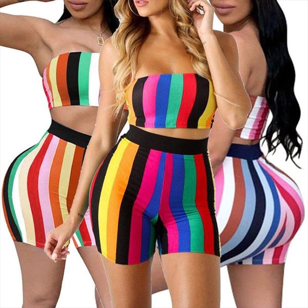 

new fashion womens summer clothes sets 2 piece outfits bodycon stripe print crop and high waist shorts, Gray