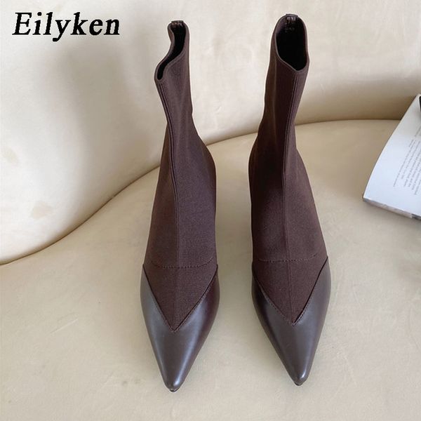 

eilyken design women ankle elastic fabric socks boots pointed toe low heel knitting boots ladies pump shoes 2021 new, Black