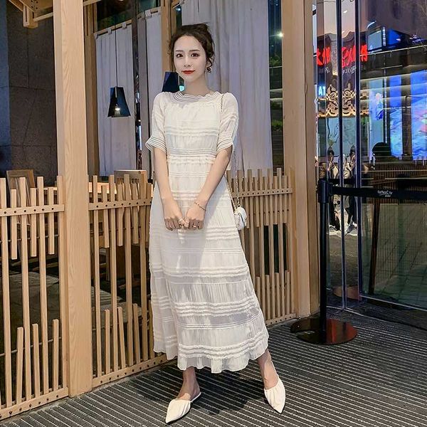 

maternity dress summer short sleeve o-neck pleated lace cotton clothes pregnant women fashion party dress sweet wedding dresses, White