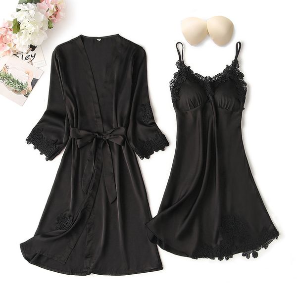 

summer pajamas suit autumn women nightgown sets nightdress bathrobe with chest pad female satin kimono bath gown sleepwear, Black;red