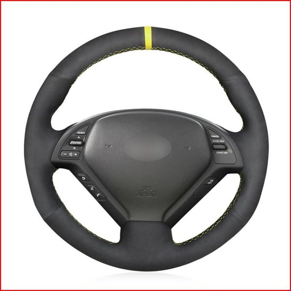 

black suede hand sew comfortable soft steering wheel cover for infiniti g g25 g35 g37 ex ex35 ex37 q q40 q60 qx50 (us) 2014-2020
