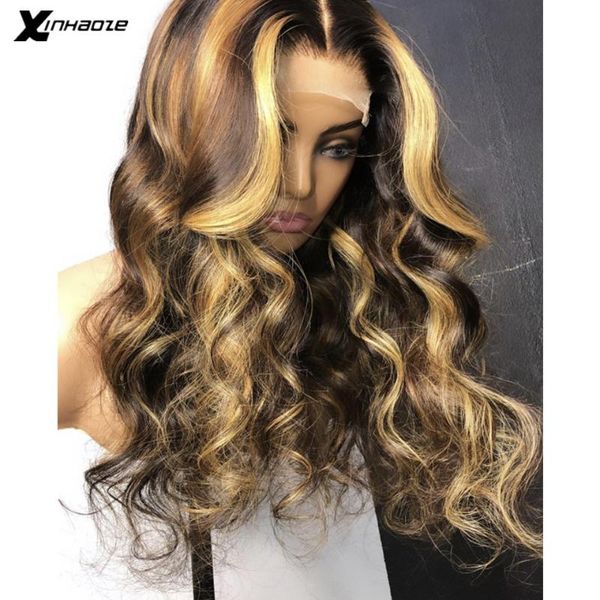 

lace wigs brown honey blonde highlight 5*5'' silk base wig loose wave brazilian remy 13x6 deep part front xinhaoze, Black;brown