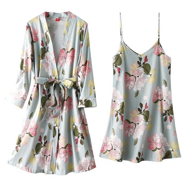 

summer thin sling sleeping skirt women 100% cotton two-piece pajamas loose plus size long dressing gown printing robe set, Black;red