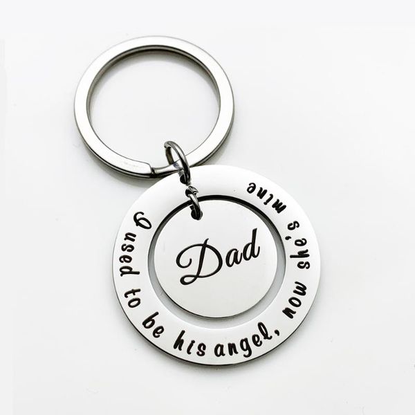 

thanksgiving gift (i used to be his angel) father's day gift double round stainless steel keychain, Silver