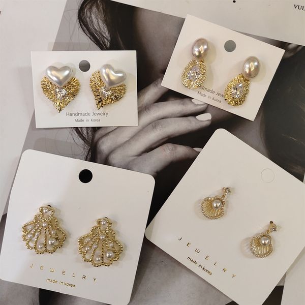 

stud mengjiqiao korean vintage shiny metal gold color shell heart earrings for women elegant pearl boucle d'oreille jewelry, Golden;silver