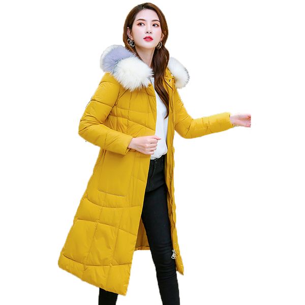 

women's down & parkas solid long parka for women winter slim jackets 2021 plus size hooded fur collar femlae warm coats thick outwear c, Black