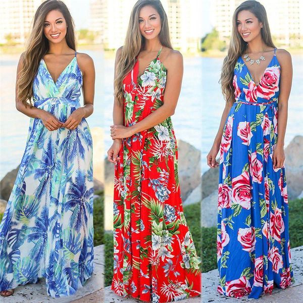 

women maxi dresses backless floral printed v neck designer beach dress women dress fashion casual women clothing spaghetti strap summer, Black;gray