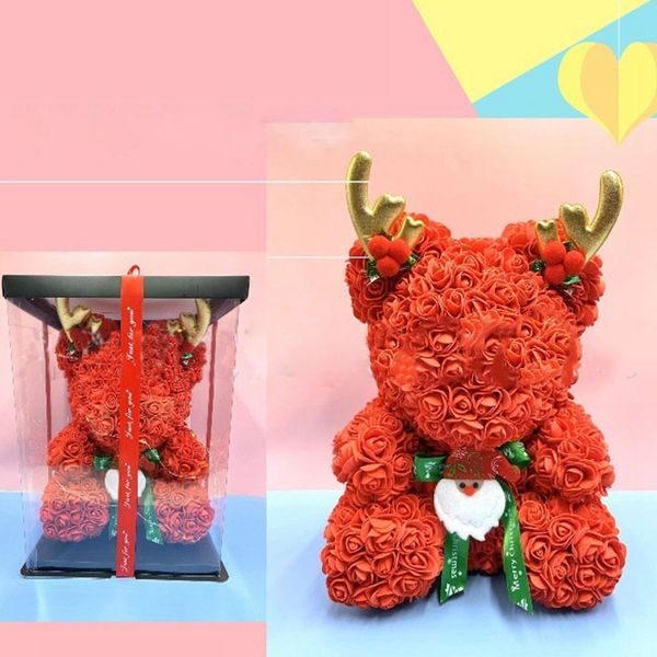 

40cm teddy bear of rose artificial flowers pe rose bear antlers for valentines/wedding/christmas gift pink