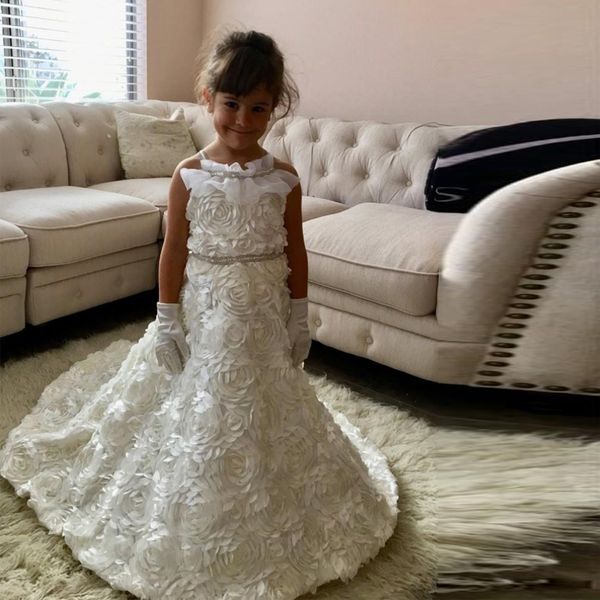 

white flowers girls dresses spaghetti strap toddlers pageant gowns rose flower sweep train kid's birthday party prom dress 2020, Red;yellow